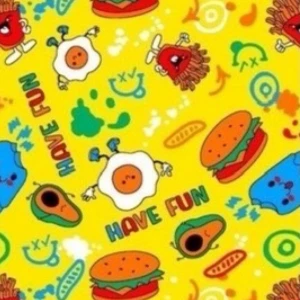 ผ้าพิมพ์เบอร์เกอร์รวมมิตร(เหลือง)