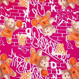 ผ้าพิมพ์หมีเล่นบาส(ชมพู)