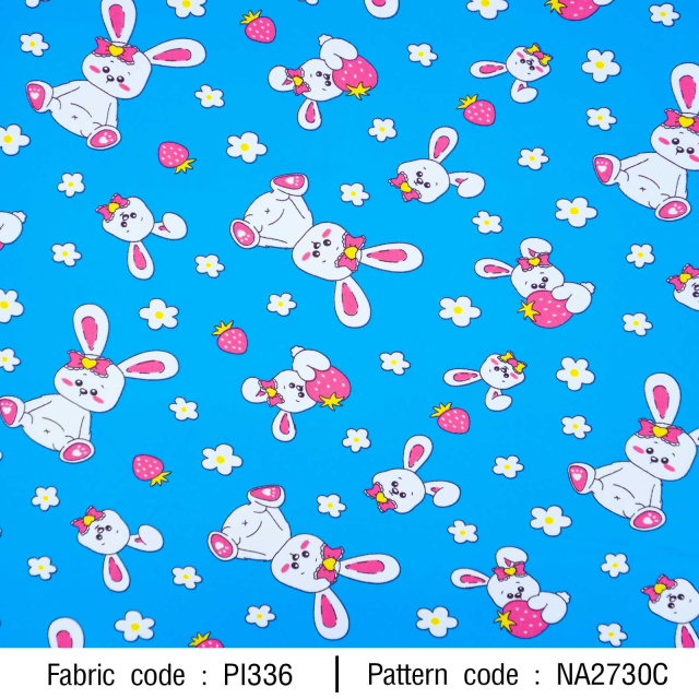 ผ้าพิมพ์กระต่ายดอกไม้(ฟ้า)