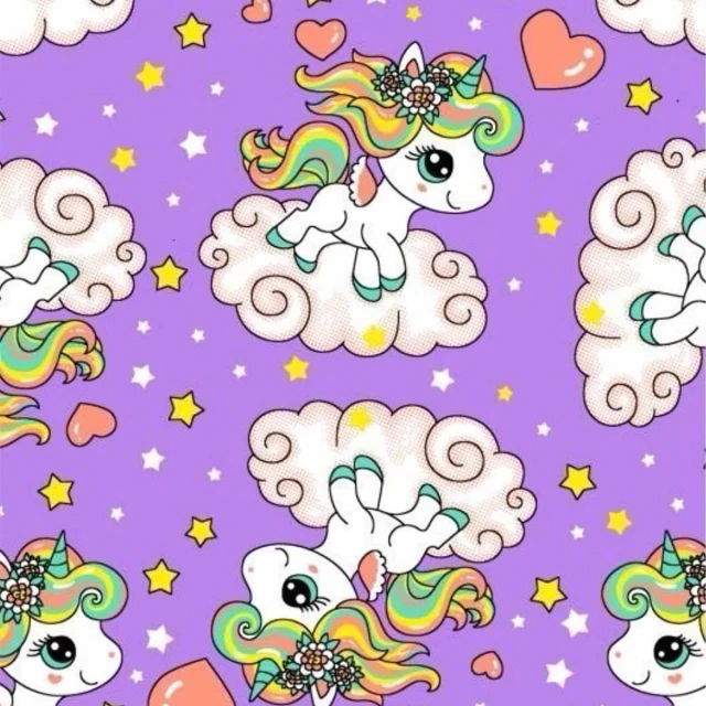 ผ้าพิมพ์ยูนิคอร์นผมรุ้ง(ม่วง)